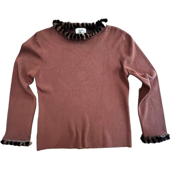 Vintage sz Medium brown silk sweater with fur cuffs and collar - Picture 3 of 16